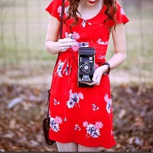 American Eagle Red Floral Tie Waist Mini Dress